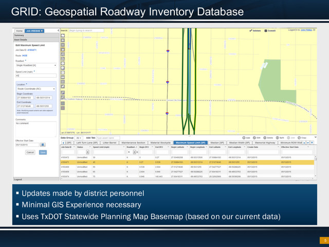 GRID: Geospatial Roadway Inventory Database
5
§  Updates made by district personnel
§  Minimal GIS Experience necessary
§  Uses TxDOT Statewide Planning Map Basemap (based on our current data)
