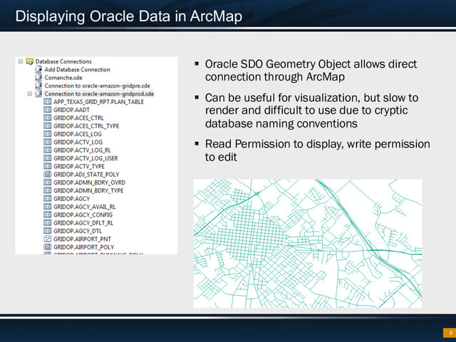 Displaying Oracle Data in ArcMap
§  Oracle SDO Geometry Object allows direct
connection through ArcMap
§  Can be useful for visualization, but slow to
render and difficult to use due to cryptic
database naming conventions
§  Read Permission to display, write permission
to edit
8
