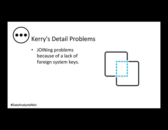 Kerry's Detail Problems
•  JOINing problems
because of a lack of
foreign system keys.
#DataAnalystsWish
