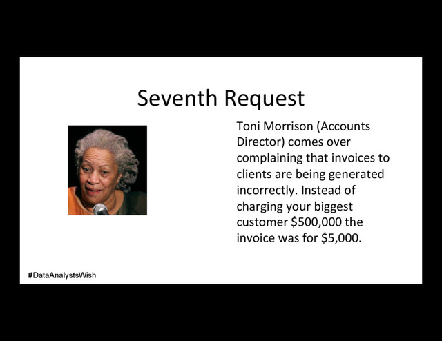 Seventh Request
Toni Morrison (Accounts
Director) comes over
complaining that invoices to
clients are being generated
incorrectly. Instead of
charging your biggest
customer $500,000 the
invoice was for $5,000.
#DataAnalystsWish
