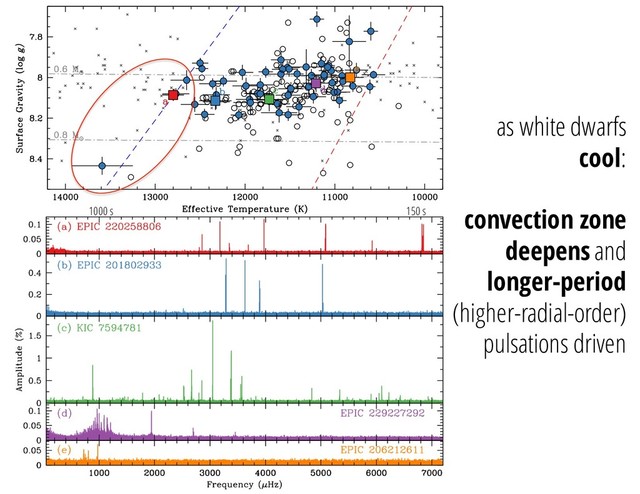 150 s
1000 s
as white dwarfs
cool:
convection zone
deepens and
longer-period
(higher-radial-order)
pulsations driven
