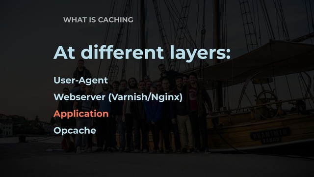 WHAT IS CACHING
At different layers:
User-Agent
Webserver (Varnish/Nginx)
Application
Opcache
