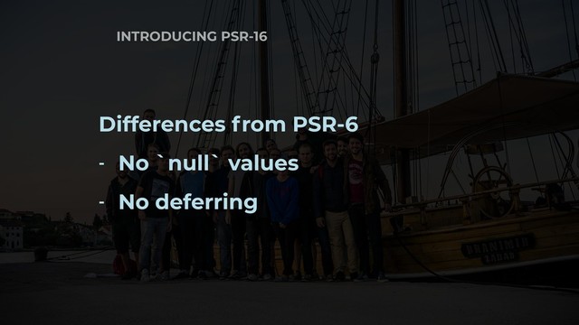 Differences from PSR-6
- No `null` values
- No deferring
INTRODUCING PSR-16
