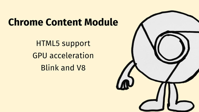 Chrome Content Module
HTML5 support
GPU acceleration
Blink and V8
