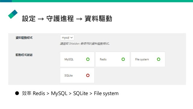 設定 → 守護進程 → 資料驅動
● 效率 Redis > MySQL > SQLite > File system
