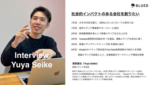 ৽ଔͰ౰࣌4ਓͩͬͨϒϧʔυʹೖࣾɻ1೥໨ͰཹֶϝσΟΞࣄۀ෦ͷϚωʔδϟʔʹब೚ɻ
2೥໨͔Β͸৽نࣄۀ੹೚ऀͱͯ͠ಈըϝσΟΞΛ্ཱͪ͛ΔɻʮStudyInωΠςΟϒӳձ࿩ʯ
ΛॳΊͱͨ͠ෳ਺ϝσΟΞΛ੒ޭʹಋ͖ɺ૯ϑΥϩϫʔ͸500ສਓΛಥഁɻݱࡏ͸ө૾ϝσΟΞ
ຊ෦௕ͱͯ͠શࣄۀ෦ͷϚʔέςΟϯάྖҬΛ؅ঠɻ
Interview
Yuya Seike
ࣾձతΠϯύΫτͷ͋ΔձࣾΛ૑Γ͍ͨ
1೥໨ɿେखͷ಺ఆΛऽΓɺ౰࣌4ਓͩͬͨϒϧʔυʹ৽ଔೖࣾ
1೥໨ɿཹֶϝσΟΞࣄۀ෦Ϛωʔδϟʔʹब೚
2೥໨ɿ৽نࣄۀ੹೚ऀͱͯ͠ө૾ϝσΟΞΛ্ཱͪ͛Δ
3೥໨ɿYoutubeिؒ࠶ੜճ਺೔ຊ̍Λୡ੒ɻෳ਺ϝσΟΞΛ੒ޭʹಋ͘
4೥໨ɿө૾ϝσΟΞϚʔέςΟϯά෦ ຊ෦௕ʹब೚
6೥໨ɿStudyInωΠςΟϒӳձ࿩ͷYouTubeొ࿥ऀ਺͕100ສਓΛಥഁ
ɹɹɹө૾ϝσΟΞຊ෦௕ͱͯ͠ɺશࣄۀ෦ͷϚʔέςΟϯάྖҬΛ؅ঠ
ਗ਼Ո༤໵ʢYuya Seikeʣ
ө૾ϝσΟΞຊ෦௕
