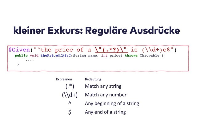 kleiner Exkurs: Reguläre Ausdrücke
Expression Bedeutung
(.*) Match any string
(\\d+) Match any number
^ Any beginning of a string
$ Any end of a string
@Given("^the price of a \"(.*?)\" is (\\d+)c$")
public void thePriceOfAIsC(String name, int price) throws Throwable {
....
}
