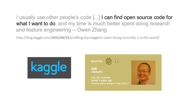 I usually use other people’s code [...] I can find open source code for
what I want to do, and my time is much better spent doing research
and feature engineering -- Owen Zhang
