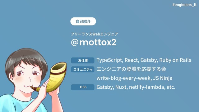 TypeScript, React, Gatsby, Ruby on Rails
エンジニアの登壇を応援する会
write-blog-every-week, JS Ninja
Gatsby, Nuxt, netlify-lambda, etc.
お仕事
コミュニティ
OSS
mottox2
@
ؿٔ٦ٓٝأ8FCؒٝآص،
⾃⼰紹介
#engineers_lt
