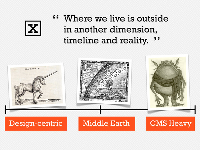 Design-centric Middle Earth CMS Heavy
Where we live is outside
in another dimension,
timeline and reality.
x “
”
