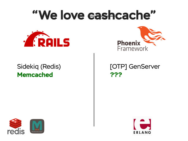 Sidekiq (Redis)
Memcached
“We love cashcache”
[OTP] GenServer
???
