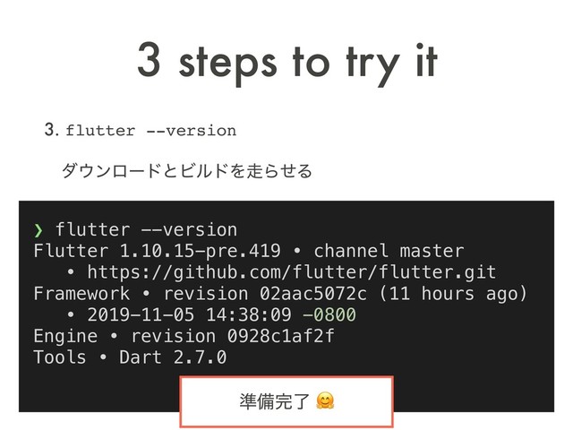 3. flutter --version
ɹμ΢ϯϩʔυͱϏϧυΛ૸ΒͤΔ
 
3 steps to try it
❯ flutter --version
Flutter 1.10.15-pre.419 • channel master
• https://github.com/flutter/flutter.git
Framework • revision 02aac5072c (11 hours ago)
• 2019-11-05 14:38:09 -0800
Engine • revision 0928c1af2f
Tools • Dart 2.7.0
४උ׬ྃ 
