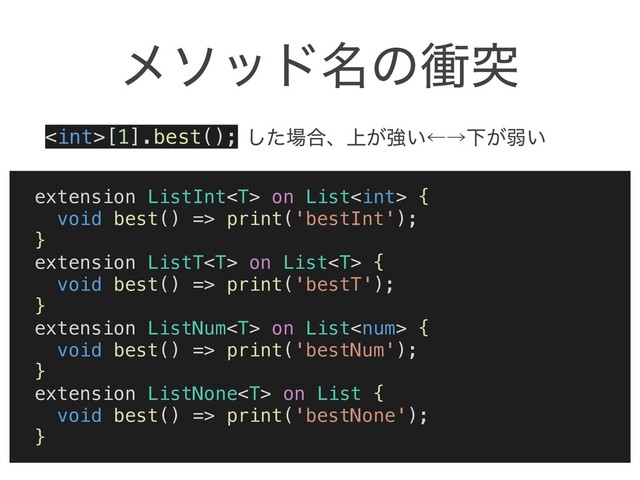 ϝιου໊ͷিಥ
[1].best();
extension ListInt on List {
void best() => print('bestInt');
}
extension ListT on List {
void best() => print('bestT');
}
extension ListNum on List {
void best() => print('bestNum');
}
extension ListNone on List {
void best() => print('bestNone');
}
ͨ͠৔߹ɺ্͕ڧ͍ˡˠԼ͕ऑ͍
