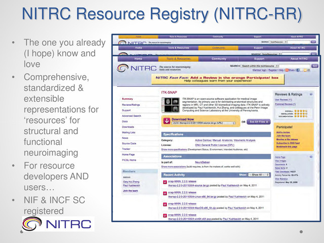 NITRC Resource Registry (NITRC-RR)
• The one you already
(I hope) know and
love
• Comprehensive,
standardized &
extensible
representations for
‘resources’ for
structural and
functional
neuroimaging
• For resource
developers AND
users…
• NIF & INCF SC
registered
