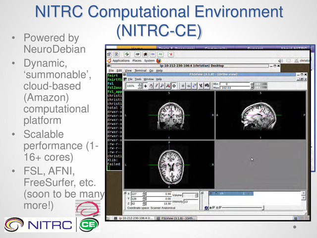 NITRC Computational Environment
(NITRC-CE)
• Powered by
NeuroDebian
• Dynamic,
‘summonable’,
cloud-based
(Amazon)
computational
platform
• Scalable
performance (1-
16+ cores)
• FSL, AFNI,
FreeSurfer, etc.
(soon to be many
more!)
