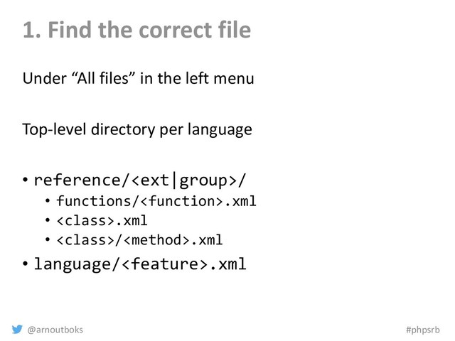 @arnoutboks #phpsrb
1. Find the correct file
Under “All files” in the left menu
Top-level directory per language
• reference//
• functions/.xml
• .xml
• /.xml
• language/.xml
