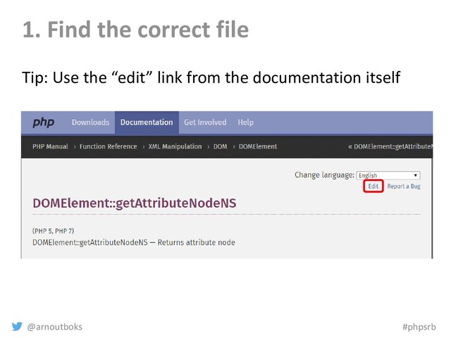 @arnoutboks #phpsrb
1. Find the correct file
Tip: Use the “edit” link from the documentation itself
