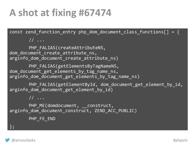 @arnoutboks #phpsrb
A shot at fixing #67474
const zend_function_entry php_dom_document_class_functions[] = {
// ...
PHP_FALIAS(createAttributeNS,
dom_document_create_attribute_ns,
arginfo_dom_document_create_attribute_ns)
PHP_FALIAS(getElementsByTagNameNS,
dom_document_get_elements_by_tag_name_ns,
arginfo_dom_document_get_elements_by_tag_name_ns)
PHP_FALIAS(getElementById, dom_document_get_element_by_id,
arginfo_dom_document_get_element_by_id)
// ...
PHP_ME(domdocument, __construct,
arginfo_dom_document_construct, ZEND_ACC_PUBLIC)
PHP_FE_END
};
