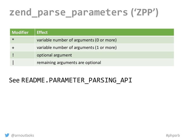 @arnoutboks #phpsrb
zend_parse_parameters (‘ZPP’)
Modifier Effect
* variable number of arguments (0 or more)
+ variable number of arguments (1 or more)
! optional argument
| remaining arguments are optional
See README.PARAMETER_PARSING_API
