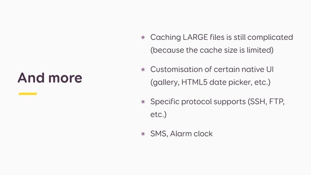 And more
๏ Caching LARGE files is still complicated
(because the cache size is limited)
๏ Customisation of certain native UI
(gallery, HTML5 date picker, etc.)
๏ Specific protocol supports (SSH, FTP,
etc.)
๏ SMS, Alarm clock
