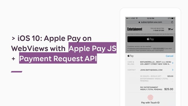 > iOS 10: Apple Pay on
WebViews with Apple Pay JS
+ Payment Request API
