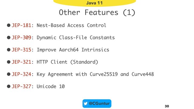 @CGuntur
Other Features (1)
•JEP-181: Nest-Based Access Control
•JEP-309: Dynamic Class-File Constants
•JEP-315: Improve Aarch64 Intrinsics
•JEP-321: HTTP Client (Standard)
•JEP-324: Key Agreement with Curve25519 and Curve448
•JEP-327: Unicode 10
30
Java 11
