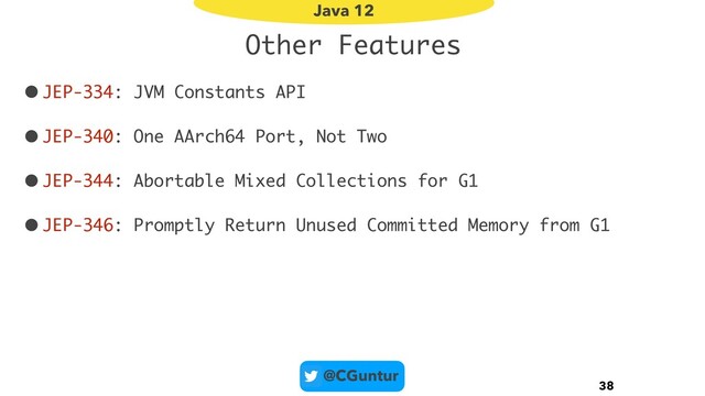 @CGuntur
Other Features
•JEP-334: JVM Constants API
•JEP-340: One AArch64 Port, Not Two
•JEP-344: Abortable Mixed Collections for G1
•JEP-346: Promptly Return Unused Committed Memory from G1
38
Java 12
