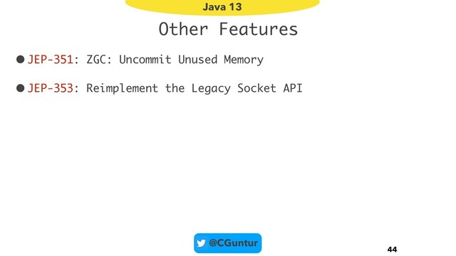 @CGuntur
Other Features
•JEP-351: ZGC: Uncommit Unused Memory
•JEP-353: Reimplement the Legacy Socket API
44
Java 13
