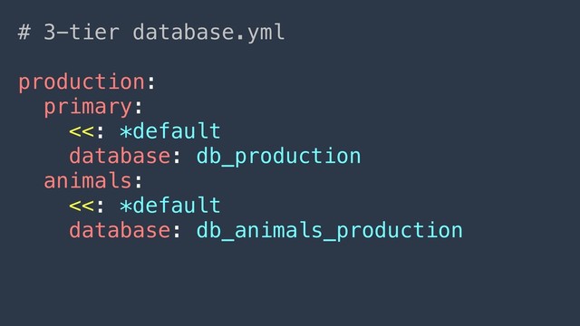 # 3-tier database.yml
production:
primary:
<<: *default
database: db_production
animals:
<<: *default
database: db_animals_production
