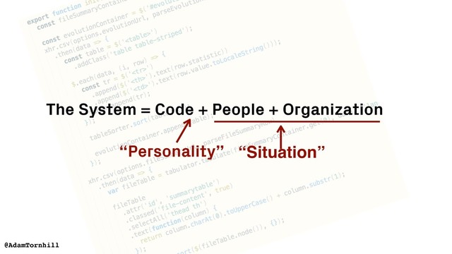 @AdamTornhill
The System = Code + People + Organization
“Personality” “Situation”
