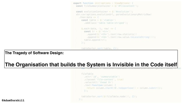 @AdamTornhill
The Tragedy of Software Design:
The Organisation that builds the System is Invisible in the Code itself
