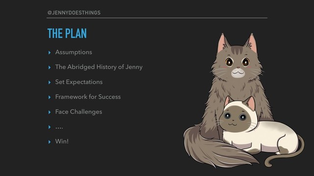 @JENNYDOESTHINGS
THE PLAN
▸ Assumptions
▸ The Abridged History of Jenny
▸ Set Expectations
▸ Framework for Success
▸ Face Challenges
▸ ….
▸ Win!
