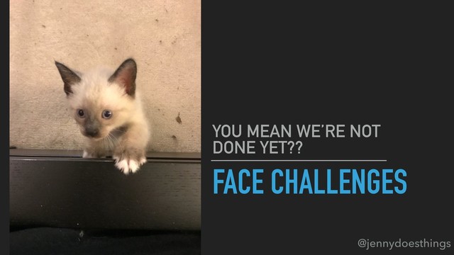 FACE CHALLENGES
YOU MEAN WE’RE NOT
DONE YET??
@jennydoesthings
