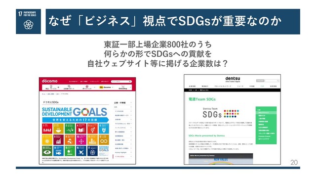なぜ「ビジネス」視点でSDGsが重要なのか
20
東証⼀部上場企業800社のうち
何らかの形でSDGsへの貢献を
⾃社ウェブサイト等に掲げる企業数は？
