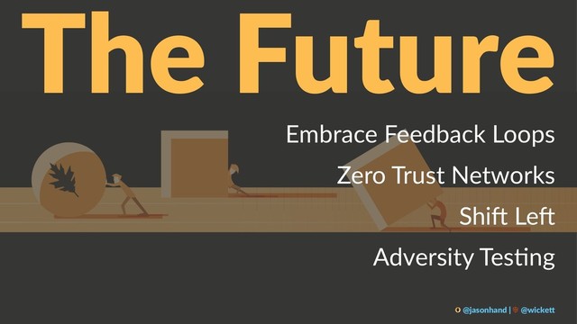 The Future
Embrace Feedback Loops
Zero Trust Networks
Shi9 Le9
Adversity Tes=ng
@jasonhand | @wicke0
