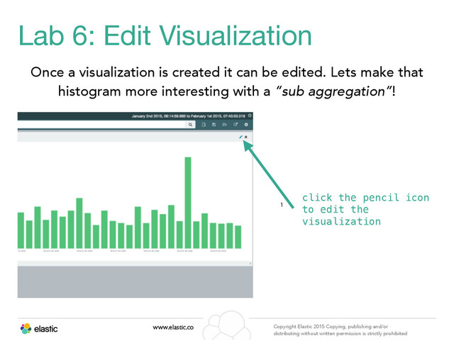 www.elastic.co Copyright Elastic 2015 Copying, publishing and/or
distributing without written permission is strictly prohibited
Lab 6: Edit Visualization
Once a visualization is created it can be edited. Lets make that
histogram more interesting with a “sub aggregation”!
click the pencil icon
to edit the
visualization
1

