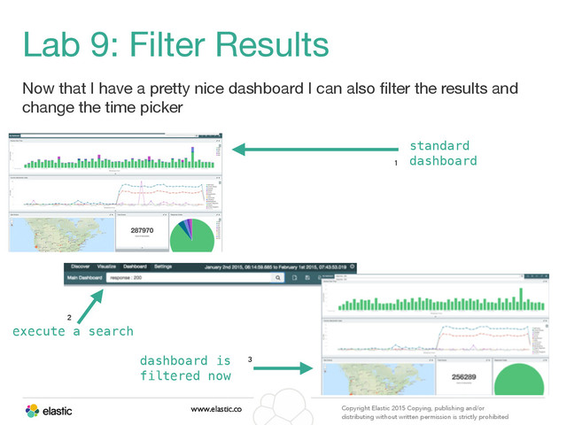 www.elastic.co Copyright Elastic 2015 Copying, publishing and/or
distributing without written permission is strictly prohibited
Lab 9: Filter Results
Now that I have a pretty nice dashboard I can also ﬁlter the results and
change the time picker
standard
dashboard
execute a search
dashboard is
filtered now
1
2
3
