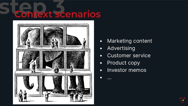 step 3
Context scenarios
• Marketing content
• Advertising
• Customer service
• Product copy
• Investor memos
• ...

