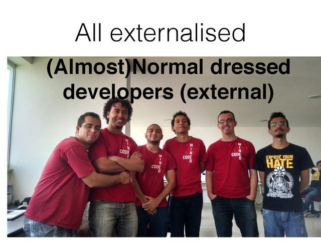 All externalised
(Almost)Normal dressed
developers (external)
