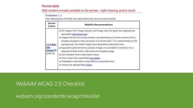 WebAIM WCAG 2.0 Checklist
webaim.org/standards/wcag/checklist
