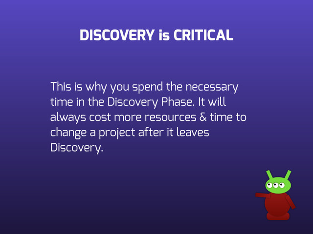 DISCOVERY is CRITICAL
This is why you spend the necessary
time in the Discovery Phase. It will
always cost more resources & time to
change a project after it leaves
Discovery.

