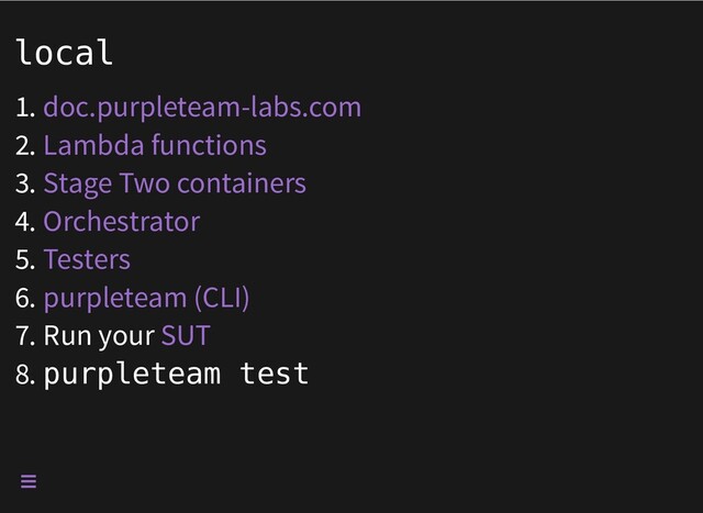 local
1. doc.purpleteam-labs.com
2. Lambda functions
3. Stage Two containers
4. Orchestrator
5. Testers
6. purpleteam (CLI)
7. Run your SUT
8. purpleteam test

