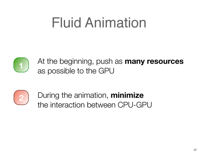 Fluid Animation
At the beginning, push as many resources
as possible to the GPU
During the animation, minimize
the interaction between CPU-GPU
1
2
27

