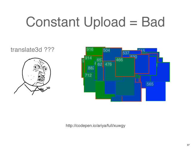Constant Upload = Bad
http://codepen.io/ariya/full/xuwgy
translate3d ???
37
