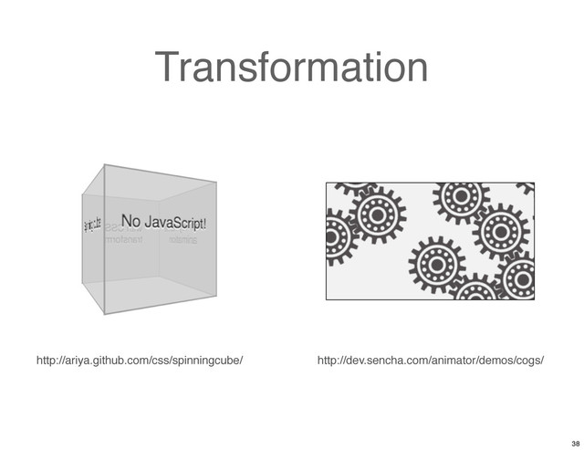 Transformation
http://ariya.github.com/css/spinningcube/ http://dev.sencha.com/animator/demos/cogs/
38
