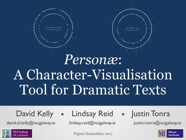Personæ:
A Character-Visualisation
Tool for Dramatic Texts
David Kelly Lindsay Reid Justin Tonra
Digital Humanities 2017
david.d.kelly@nuigalway.ie lindsay.reid@nuigalway.ie justin.tonra@nuigalway.ie
