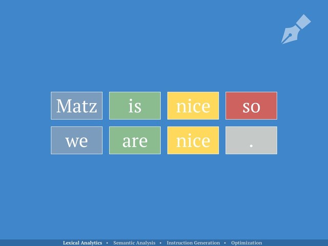 Matz is nice so
we are nice .
Lexical Analytics • Semantic Analysis • Instruction Generation • Optimization
