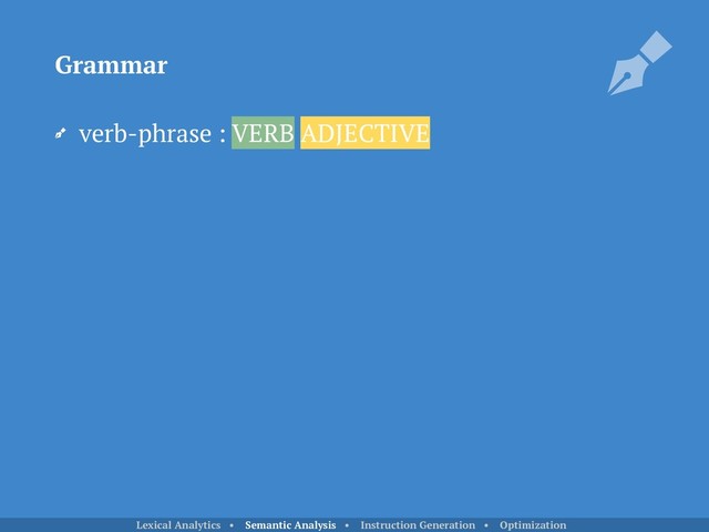 verb-phrase : VERB ADJECTIVE
Grammar
Lexical Analytics • Semantic Analysis • Instruction Generation • Optimization
