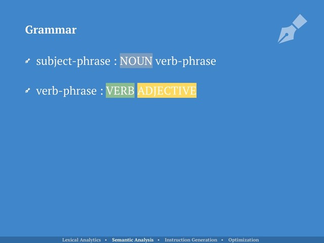 subject-phrase : NOUN verb-phrase
verb-phrase : VERB ADJECTIVE
Grammar
Lexical Analytics • Semantic Analysis • Instruction Generation • Optimization
