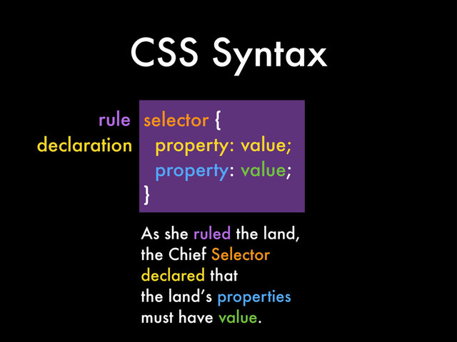selector {
property: value;
property: value;
}
declaration
rule
CSS Syntax
As she ruled the land,
the Chief Selector
declared that
the land’s properties
must have value.
